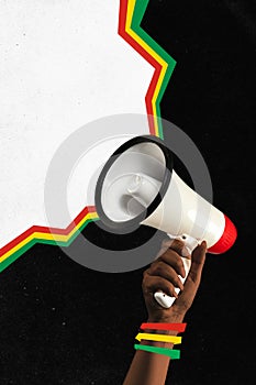 Poster. Contemporary art collage. Modern creative artwork. One female African-American hand holds loudspeaker. Copy