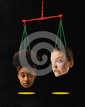 Poster. Contemporary art collage. Modern creative artwork. Scales with African-American outweighing Caucasian head