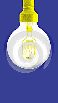 Poster. Contemporary art collage. Modern creative artwork. Vibrant yellow light bulb in old paper filter against yellow