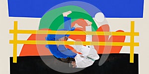 Poster. Contemporary art collage. Modern creative artwork. Young strong men in taekwondo uniform fighting on painted