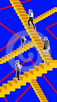 Poster. Contemporary art collage. Monochrome gamma business people, employees rise up maze from stairs isolated on