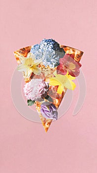 Poster. Contemporary art collage. Piece of pizza with flowers instead of eatable ingredients against pink background.