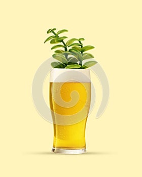 Poster. Contemporary art collage. Plant growing in glass of lager beer against yellow background. Craft beer.