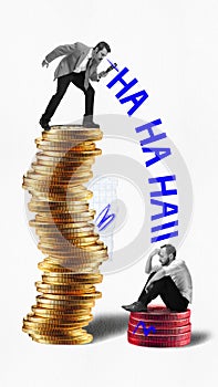 Poster. Contemporary art collage. Successful and rich man stands on larger stack of coins and mocks man who sits on