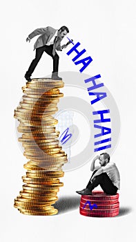 Poster. Contemporary art collage. Successful and rich man stands on larger stack of coins and mocks man who sits on photo