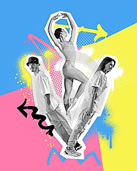 Poster. Contemporary art collage. Tender ballerina dancing with couple of hip-hop dancers against vibrant background