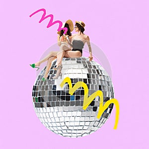 Poster. Contemporary art collage. Two women in swim suits sitting on night ball and drinking refreshing cocktails