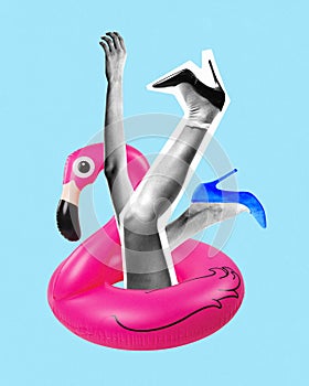 Poster. Contemporary art collage. Woman's legs resting on pink body of vibrant pink flamingo float against blue