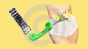 Poster. Contemporary art collage. Woman's torso with daffodils in her waistband and green telephone with text summer