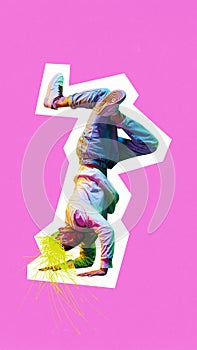 Poster. Contemporary art collage. Young athletic man, dancing breakdance against vibrant pink background. Little rave