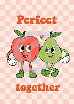 poster with cute apple and pear on a checkered background