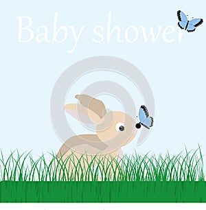 Poster cute baby Bunny on the grass and butterflies on a blue ba