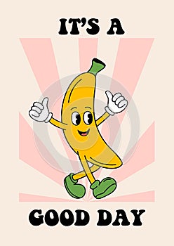 poster with cute banana on a striped background