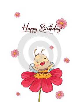 Poster with cute bee, flowers and hunny isolate on a white background