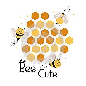 Poster with cute  bees and honeycomb