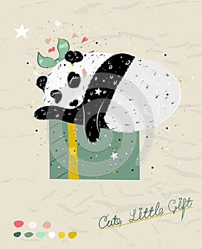 Poster with a cute cartoon panda gift. Vector childish illustration in hand-drawn Scandinavian style.