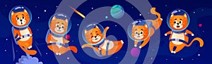 Poster with cute cat astronaut characters in outer space. Vector illustration