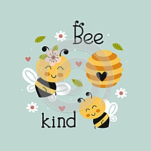 Poster with cute kind bees and beehive