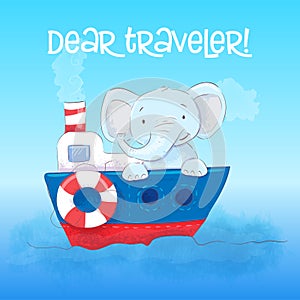 Poster cute little elefant floats on a boat.