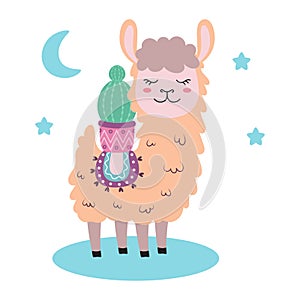 poster with cute llama and cactus