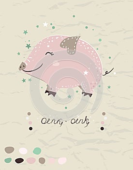 Poster with cute mini pig in pastel colors. Vector illustration.