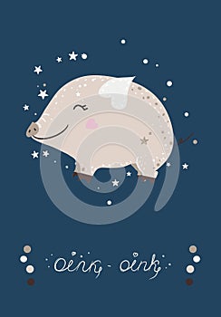 Poster with cute mini pig and stars. Vector illustration.