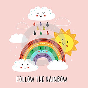 Poster with cute rainbow,cloud and sun