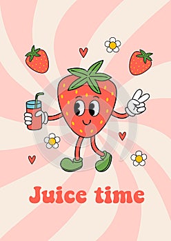 poster with cute strawberry, juice, flowers