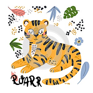 Poster with cute tiger and tropical plants. Cartoon childish style, good for fabric and textile, wallpapers and more