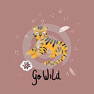 Poster with cute tiger and tropical plants. Cartoon childish style, good for fabric and textile, wallpapers and more