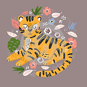 Poster with cute tiger and tropical plants. Cartoon childish style, good for fabric and textile, wallpapers and more