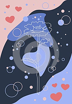 Poster with daisy flower outline on abstract background, circles, hearts