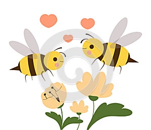 Poster with daisy flowers and cute bees flying nearby on white background