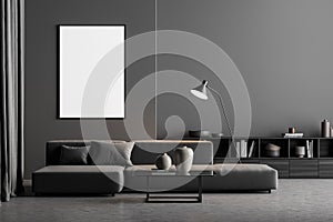 Poster in a dark grey living room with on trend minimalist furniture