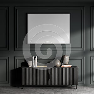 Poster with a dark sideboard in a living room with green walls