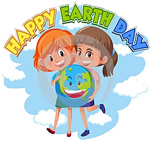 Poster design for happy earth day with girls hugging the earth