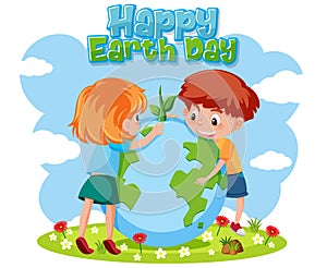 Poster design for happy earth day with happy children planting tree