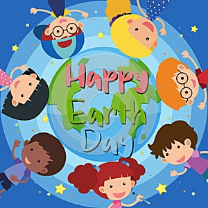 Poster design for happy earth day with happy kids around the earth