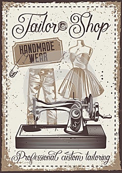 Poster design with illustration of a pants, mannequin and sewing machine on vintage background