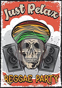 Poster design with illustration of a rasta`s skull on vintage background