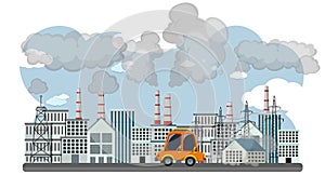 Poster design for stop pollution with smoke from car and factory buildings
