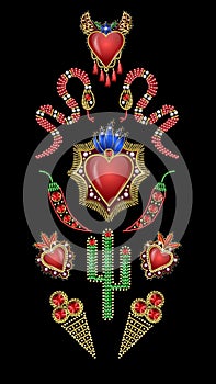 Poster or design t-shirt with traditional Mexican hearts with fire and flowers, embroidered sequins, beads and pearls