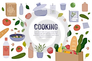 Poster design template of Cooking with food items and kitchen utensils