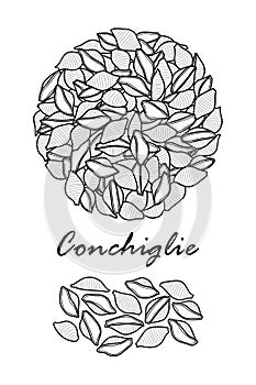 Poster design for traditional Italian pasta, Conchiglie in black outline and white plane on white background.
