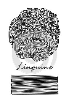 Poster design for traditional Italian pasta, Linguine in black outline and white plane on white background.