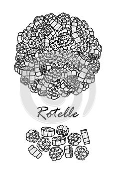 Poster design for traditional Italian pasta, Rotelle in black outline and white plane on white background. photo