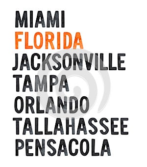 Poster design with various Florida cities and highlighted name of Florida State.