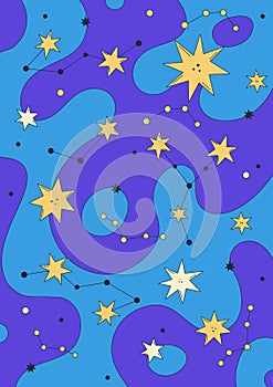 Poster design. Vibrant vector illustration with abstract constellation, stars, and psychedelic blue background. Groovy