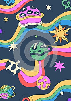Poster design. Vibrant vector illustration with abstract patterned planets, stars, and psychedelic background. Bright