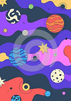 Poster design. Vibrant vector illustration with abstract patterned planets, stars, and psychedelic background. Groovy